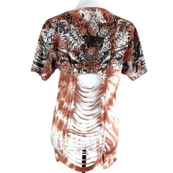 NWT Affliction Reversible Graphic Tee XL Brown Tie-Dye Cutout Back Size XL - Picture 5 of 11